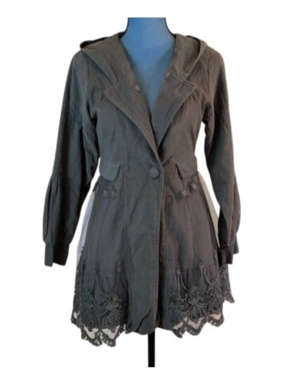 Scared Threads Boho Gray  Jacket w/ Hood Embroidered Floral Hem Small